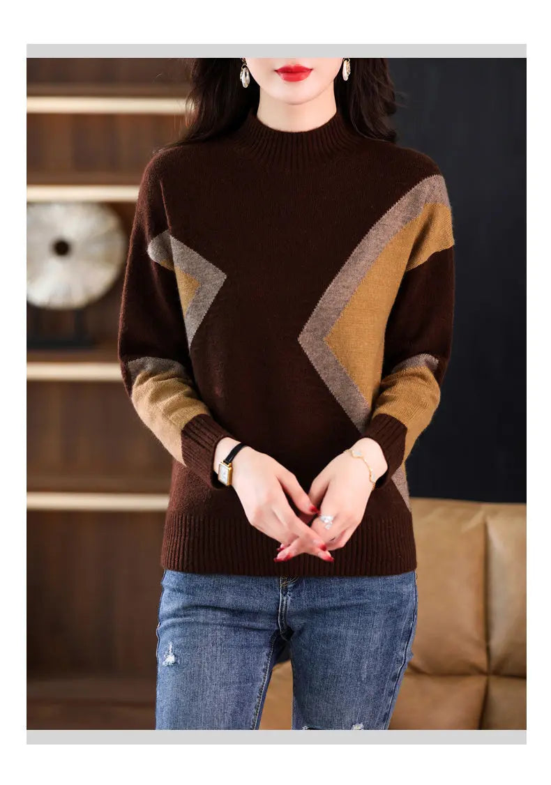 Women's Half Turtleneck Loose-fitting Versatile Sweater Color Matching Knitted Bottoming Shirt - InsPrint