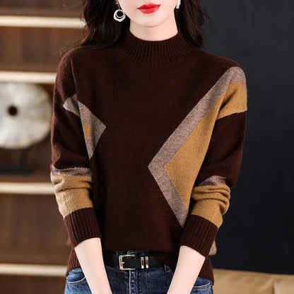 Women's Half Turtleneck Loose-fitting Versatile Sweater Color Matching Knitted Bottoming Shirt - InsPrint