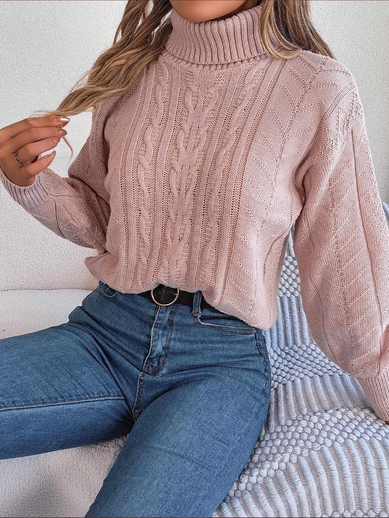 Loose High Collar Twist Long Sleeve Knitted Pullover Sweater - InsPrint