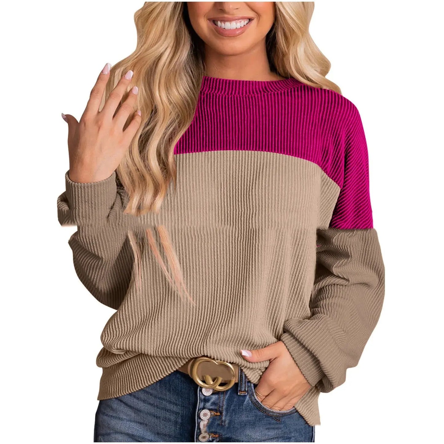 Women's Colour Blocking Round Neck Long Sleeved Sweater - InsPrint