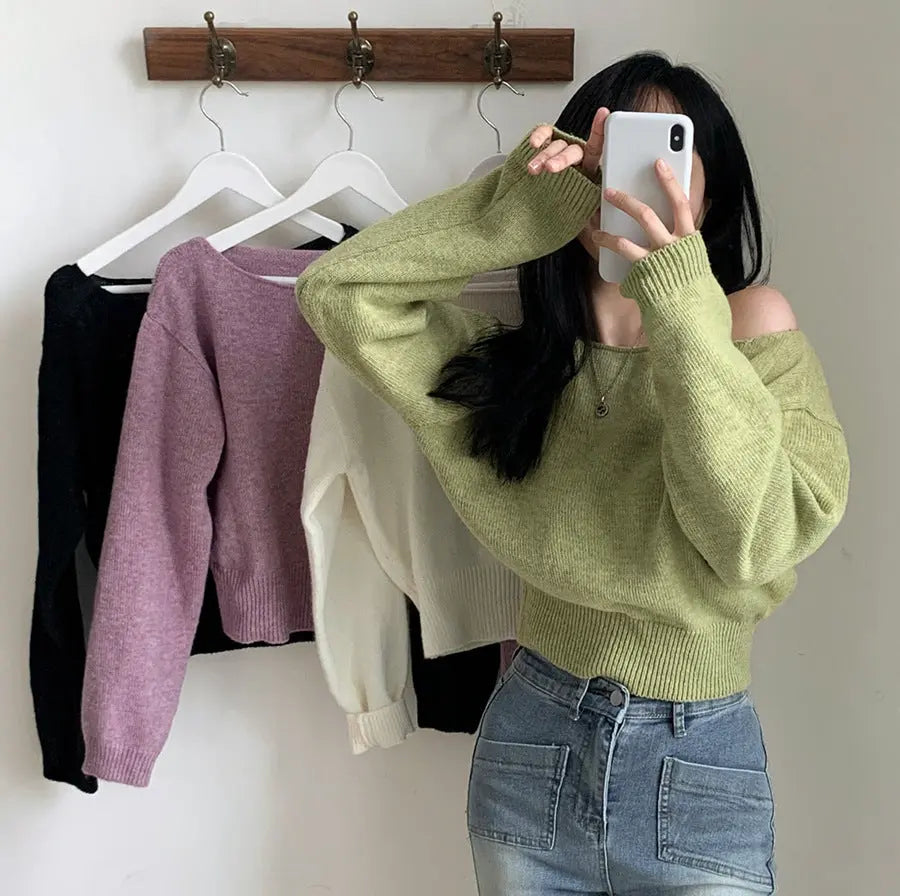 Waist-tight Hem Long Sleeve Pullover Short Sweater - InsPrint