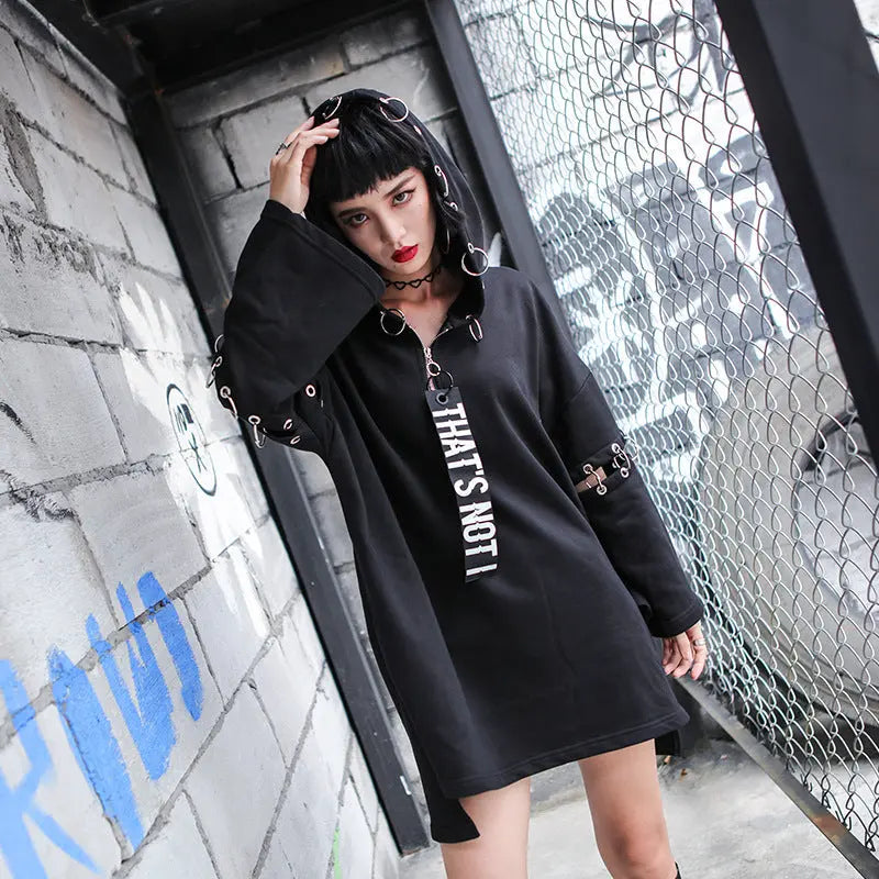 Punky Metal Ring Long Hoodie Dress - InsPrint