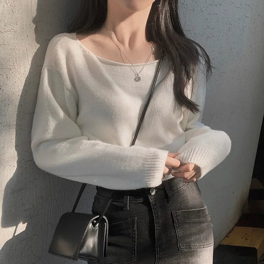 Waist-tight Hem Long Sleeve Pullover Short Sweater - InsPrint