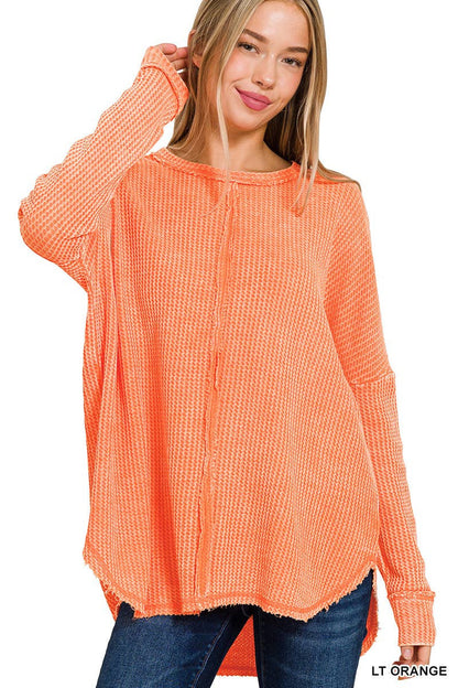 Women's Washed Waffle Back-stitched Long-sleeved Sweatshirt - InsPrint