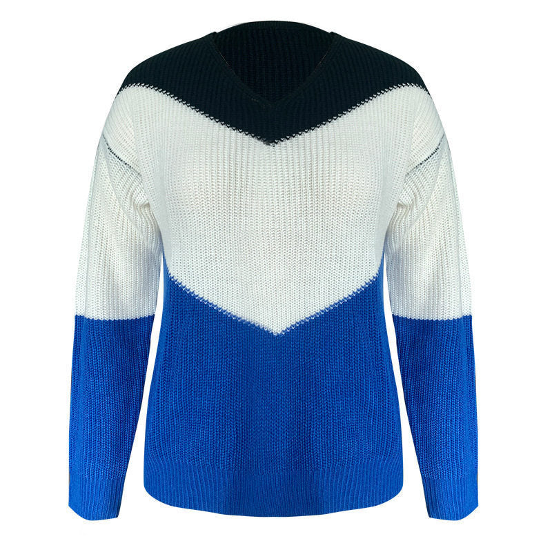 New European And American Foreign Trade Knitwear Amazon Popular Color Matching V-Neck Long Sleeve Loose Knit Sweater CJWY1912078