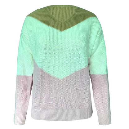 New European And American Foreign Trade Knitwear Amazon Popular Color Matching V-Neck Long Sleeve Loose Knit Sweater CJWY1912078