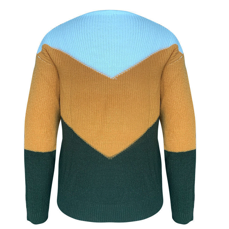 New European And American Foreign Trade Knitwear Amazon Popular Color Matching V-Neck Long Sleeve Loose Knit Sweater CJWY1912078