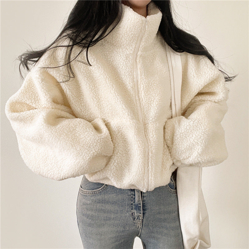 Stand-up Collar Thermal Faux Lamb Fur Sweater - InsPrint