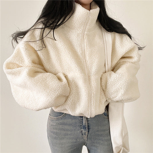 Stand-up Collar Thermal Faux Lamb Fur Sweater - InsPrint