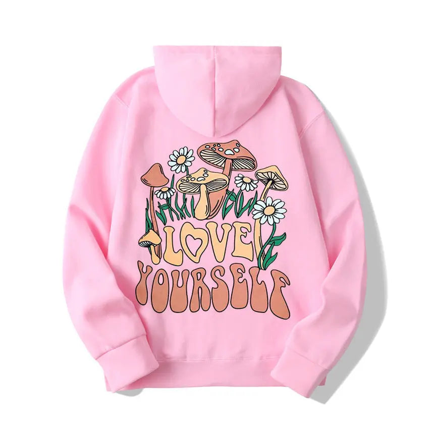 Plus Size Loose Mushroom Slogan Hoodie - InsPrint