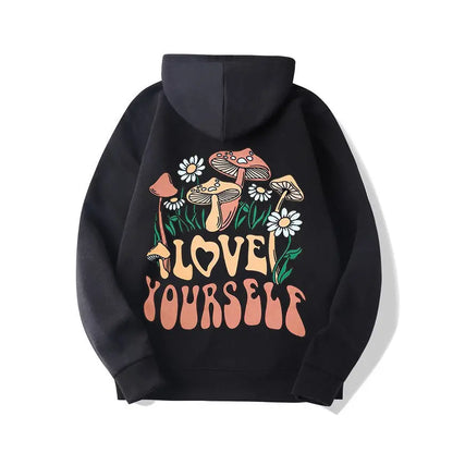 Plus Size Loose Mushroom Slogan Hoodie - InsPrint