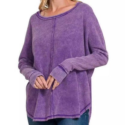 Women's Washed Waffle Back-stitched Long-sleeved Sweatshirt - InsPrint