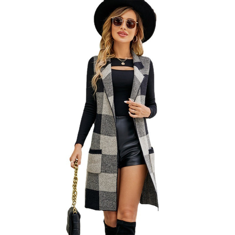 Women's Long Suit Collar Sleeveless Sweater Jacket CJMY1892967