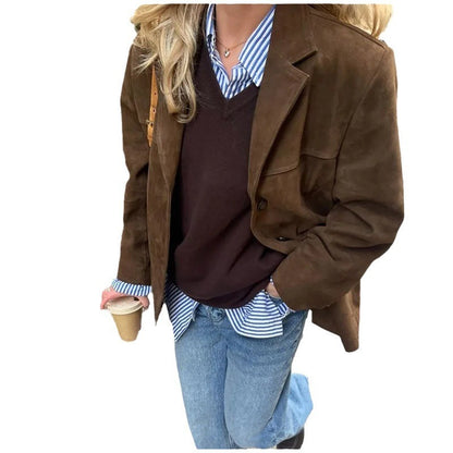 Women's Artistic Retro Fashion Brown Lapel Jacket - InsPrint