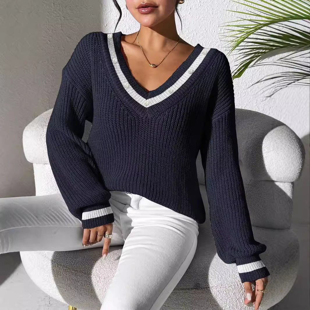 Women's Top Colour Contrast Patchwork V-neck Long Sleeve Sweater - InsPrint