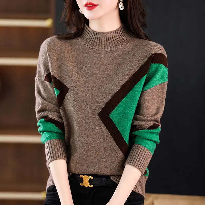 Women's Half Turtleneck Loose-fitting Versatile Sweater Color Matching Knitted Bottoming Shirt - InsPrint