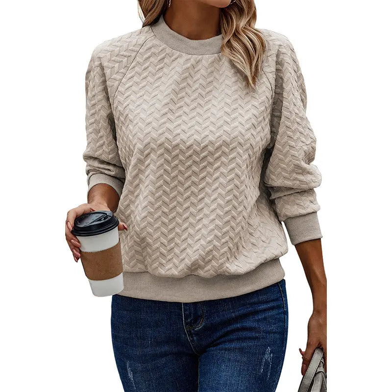 Solid Color Textured Round Neck Sweater - InsPrint