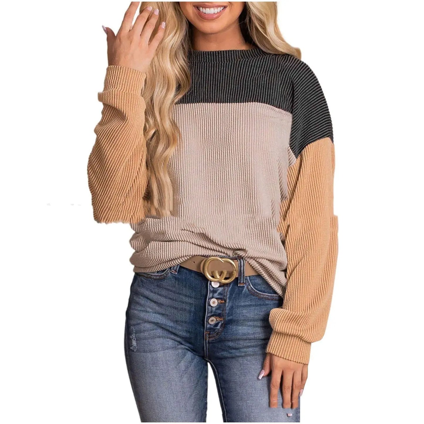 Women's Colour Blocking Round Neck Long Sleeved Sweater - InsPrint