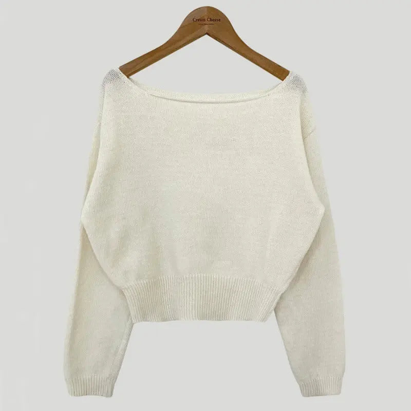 Waist-tight Hem Long Sleeve Pullover Short Sweater - InsPrint