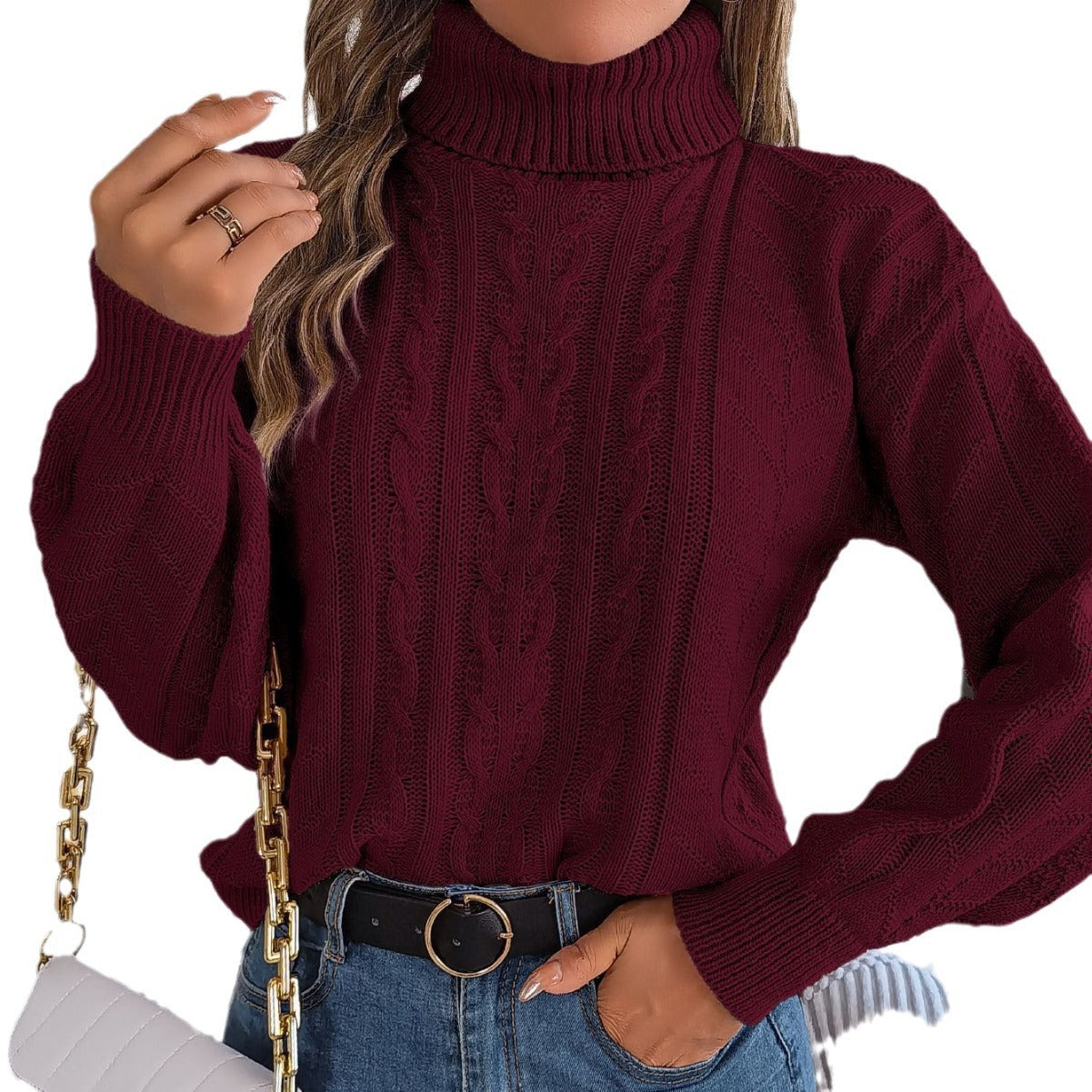 Loose High Collar Twist Long Sleeve Knitted Pullover Sweater - InsPrint