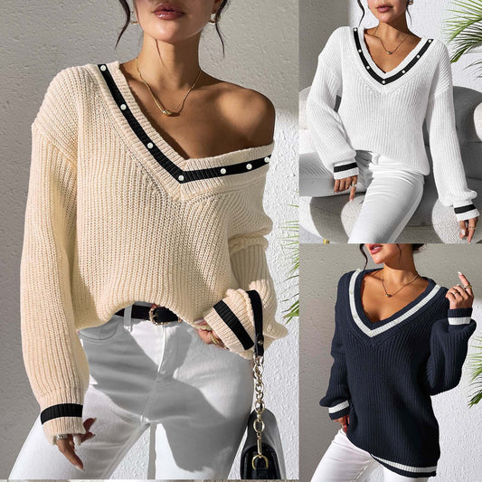 Women's Top Colour Contrast Patchwork V-neck Long Sleeve Sweater - InsPrint