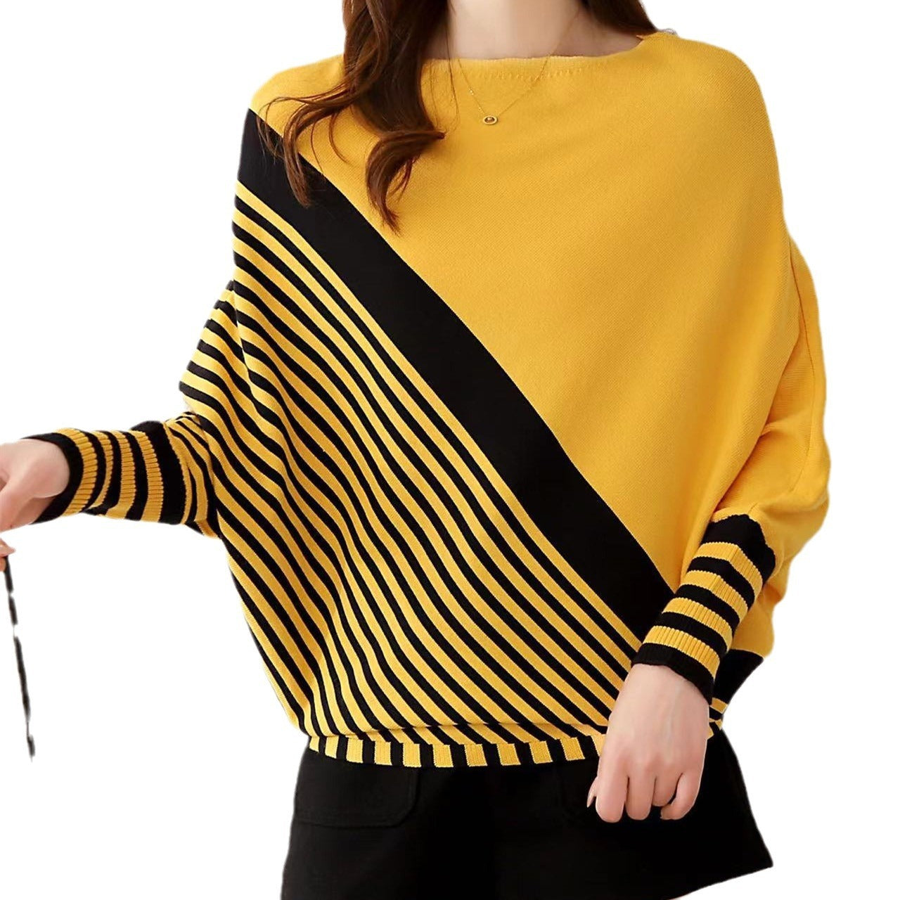 Women's Contrast Color Batwing Sleeve Sweater - InsPrint