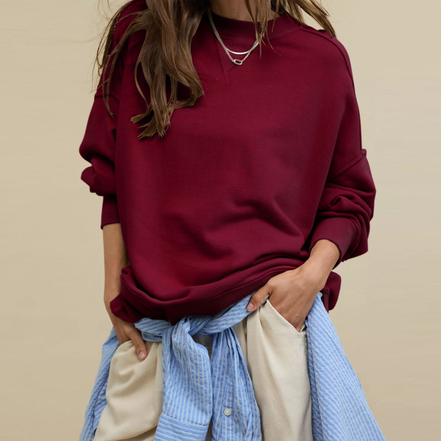 Line Slit Solid Color Loose Sweatshirt CJWY1912078