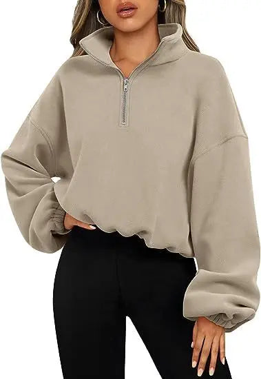 Loose Sport Pullover Hoodie Women Winter Solid Color Zipper Stand Collar Sweatshirt Thick Warm Clothing - InsPrint  - Loose Sport Pullover Hoodie Women Winter Solid Color Zipper Stand Collar Sweatshirt Thick Warm Clothing - InsPrint -  - #tag1# - Loose Sport Pullover Hoodie Women Winter Solid Color Zipper Stand Collar Sweatshirt Thick Warm Clothing - InsPrint