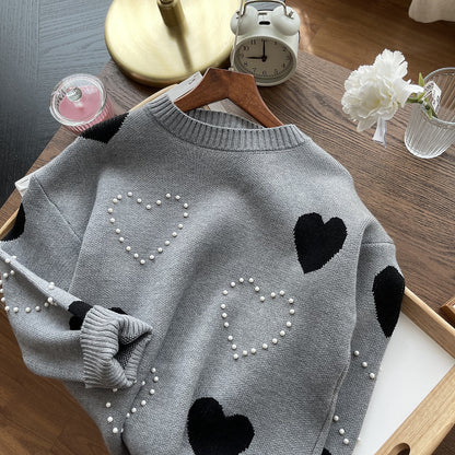 Women's Stylish Loose Round Neck Pearl Peach Heart Long Sleeve Sweater CJWY1912078