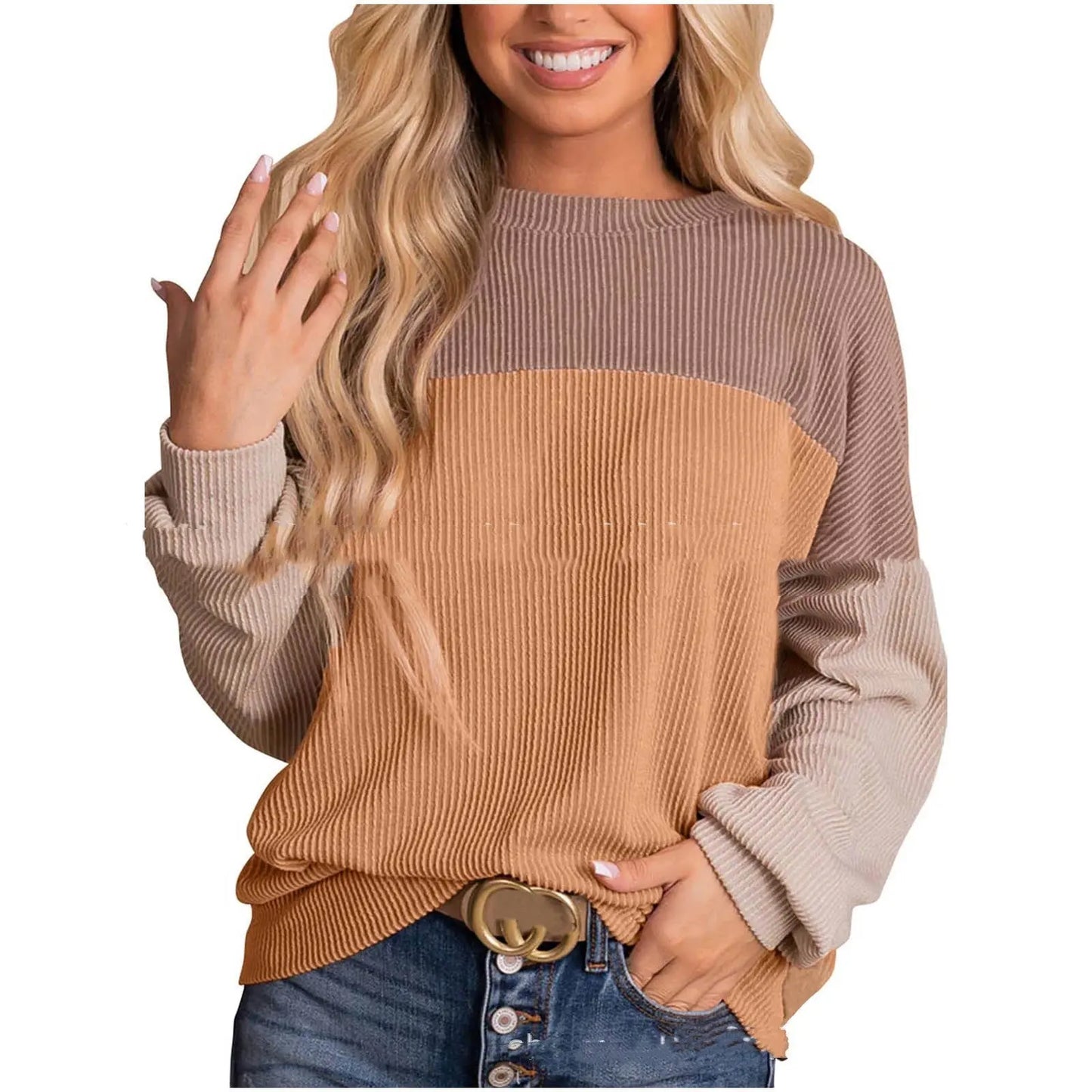 Women's Colour Blocking Round Neck Long Sleeved Sweater - InsPrint