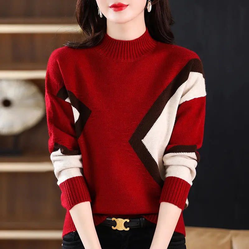 Women's Half Turtleneck Loose-fitting Versatile Sweater Color Matching Knitted Bottoming Shirt - InsPrint