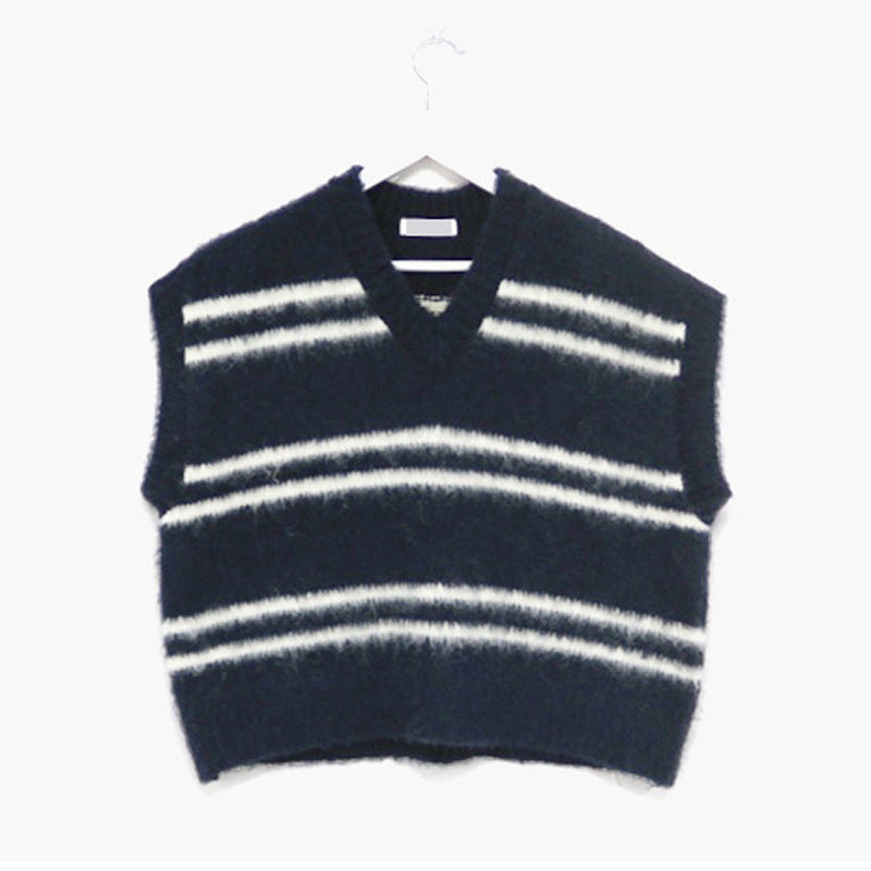 Contrast Colour Striped V-neck Wool Vest Loose Sweater - InsPrint