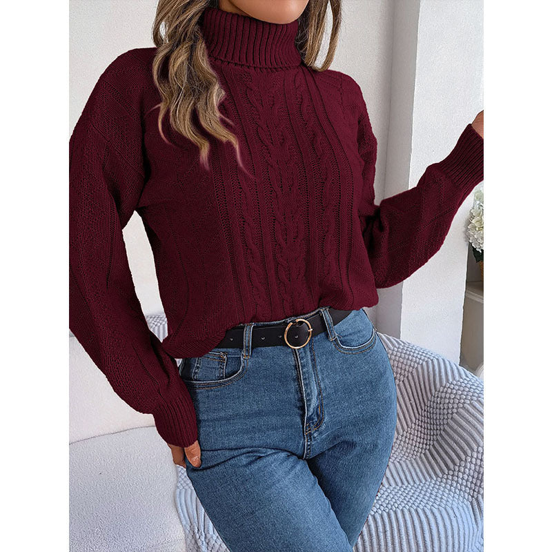 Loose High Collar Twist Long Sleeve Knitted Pullover Sweater - InsPrint