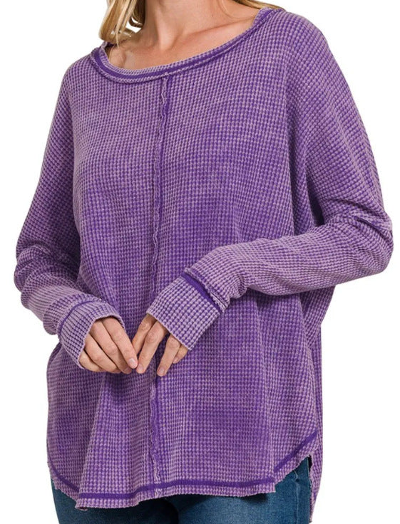 Women's Washed Waffle Back-stitched Long-sleeved Sweatshirt - InsPrint