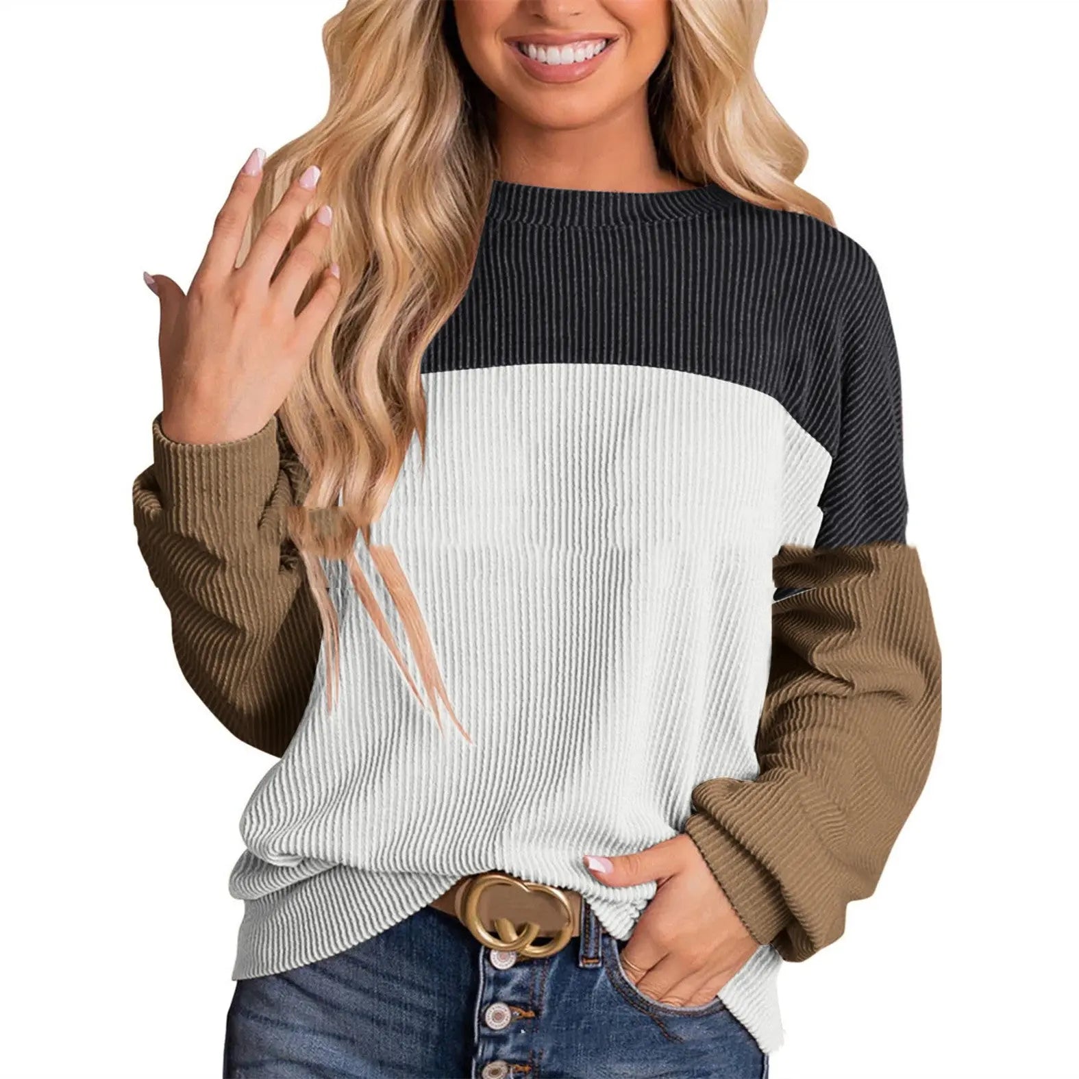 Women's Colour Blocking Round Neck Long Sleeved Sweater - InsPrint