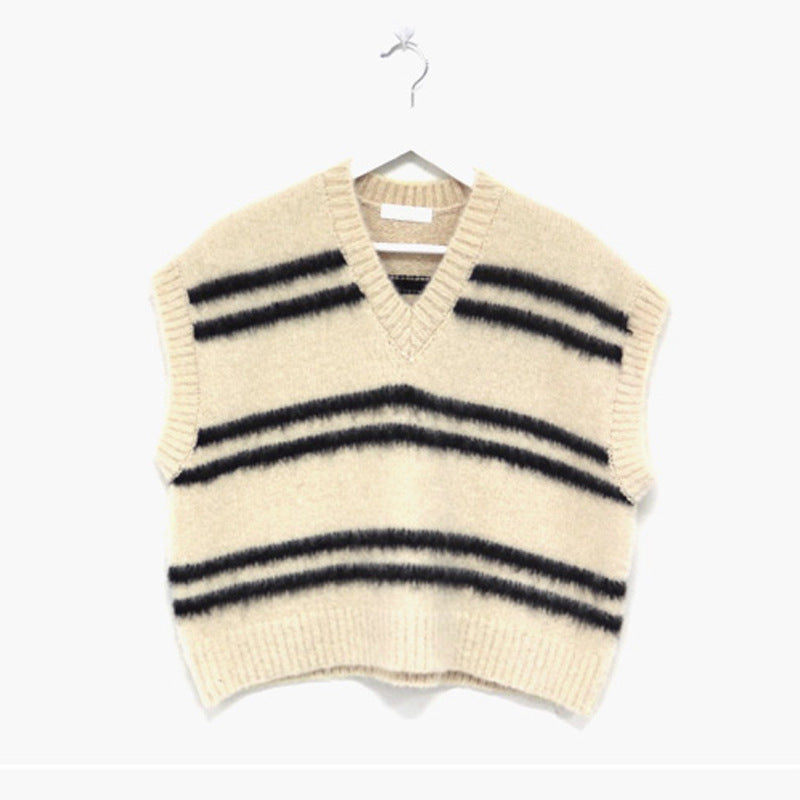 Contrast Colour Striped V-neck Wool Vest Loose Sweater - InsPrint