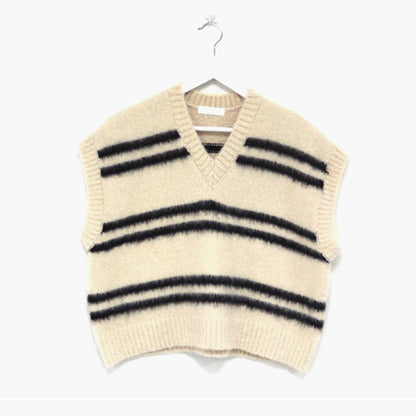 Contrast Colour Striped V-neck Wool Vest Loose Sweater - InsPrint