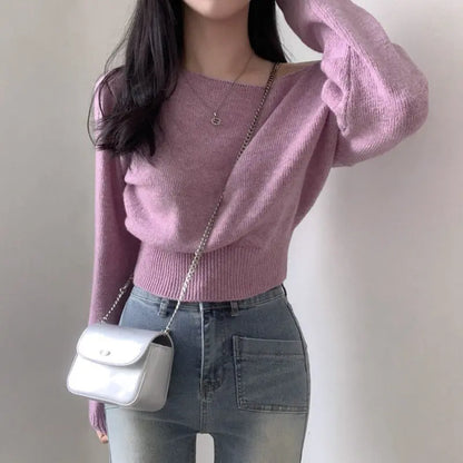 Waist-tight Hem Long Sleeve Pullover Short Sweater - InsPrint