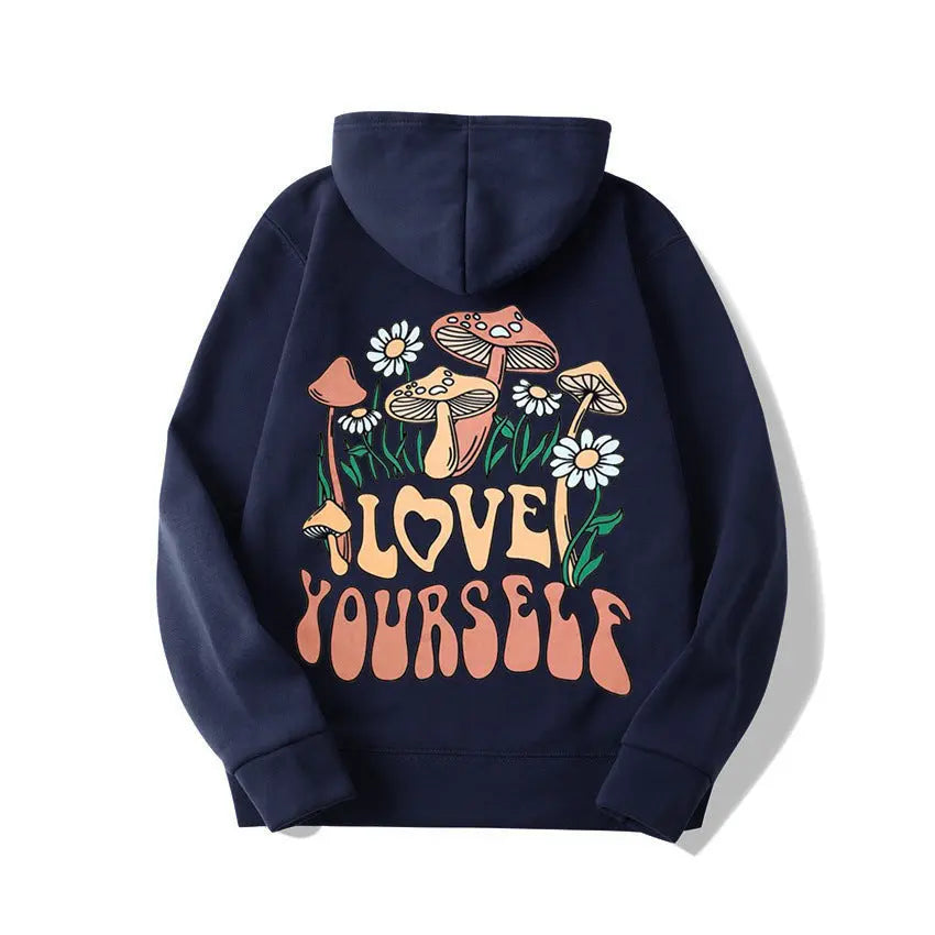 Plus Size Loose Mushroom Slogan Hoodie - InsPrint