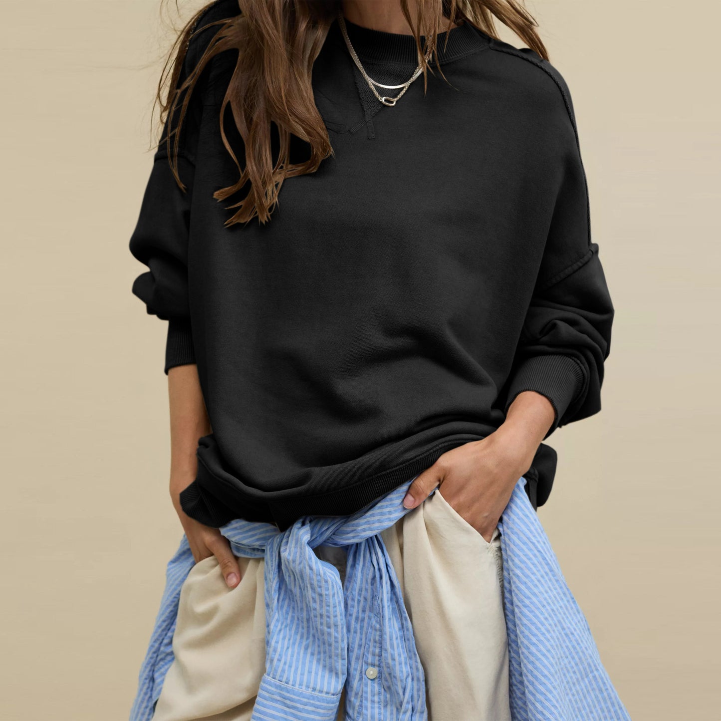 Line Slit Solid Color Loose Sweatshirt CJWY1912078