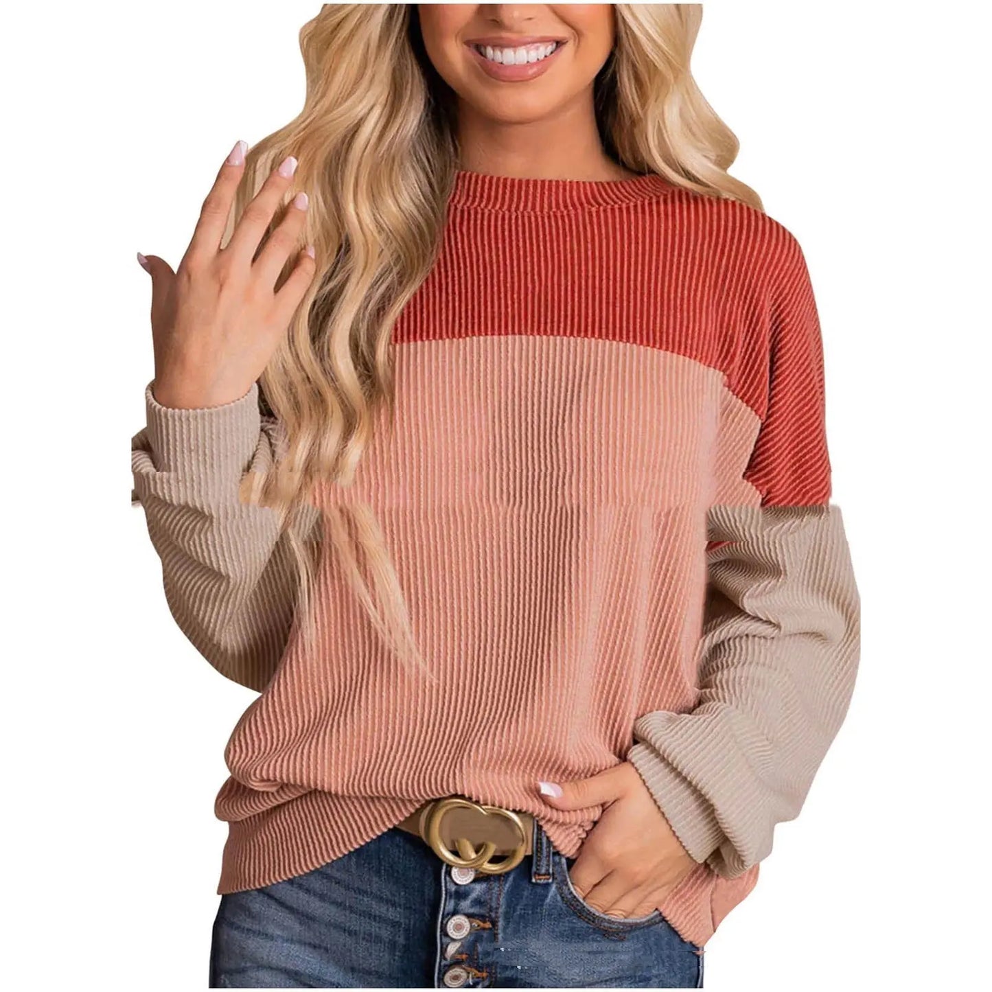 Women's Colour Blocking Round Neck Long Sleeved Sweater - InsPrint