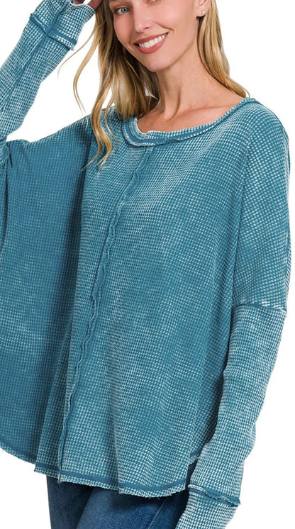 Women's Washed Waffle Back-stitched Long-sleeved Sweatshirt - InsPrint