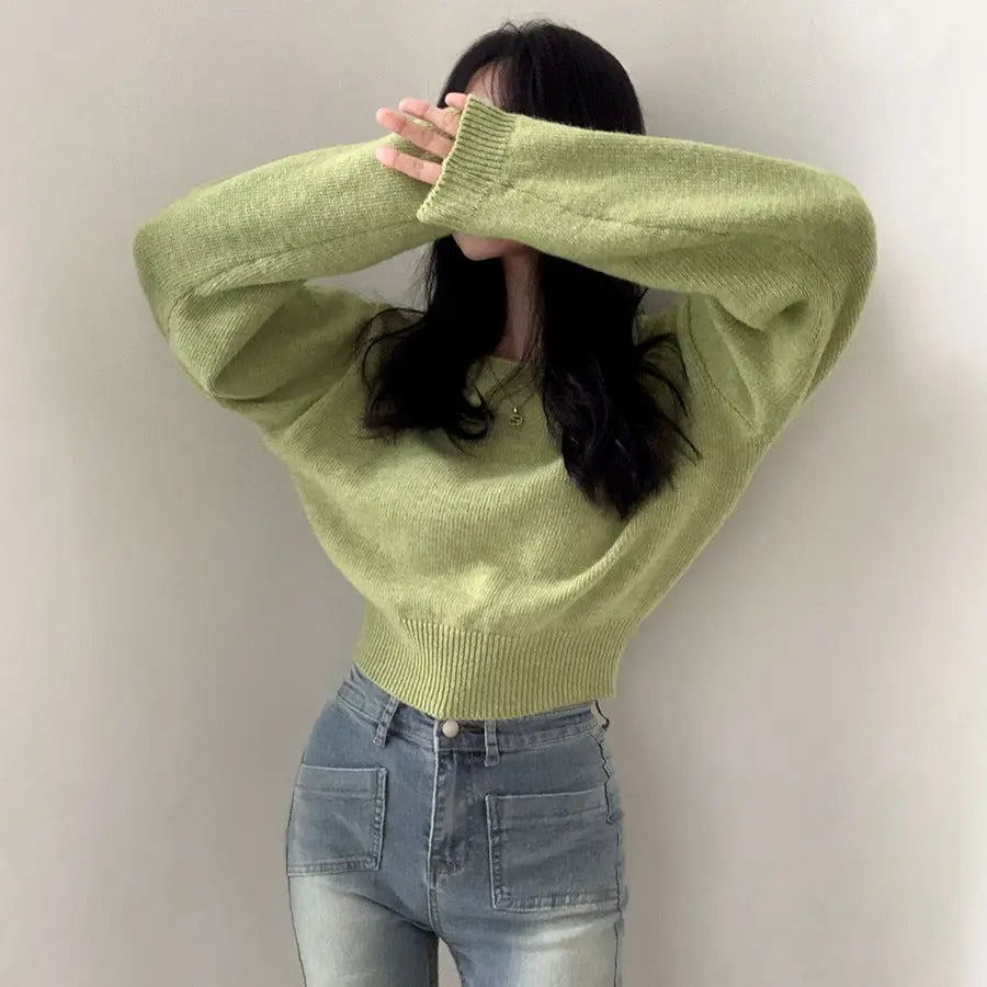 Waist-tight Hem Long Sleeve Pullover Short Sweater - InsPrint