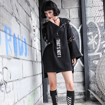 Punky Metal Ring Long Hoodie Dress - InsPrint