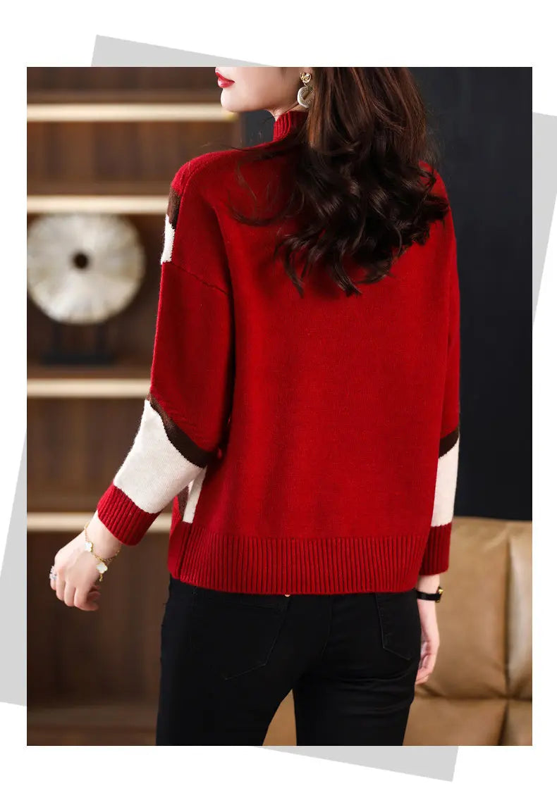 Women's Half Turtleneck Loose-fitting Versatile Sweater Color Matching Knitted Bottoming Shirt - InsPrint