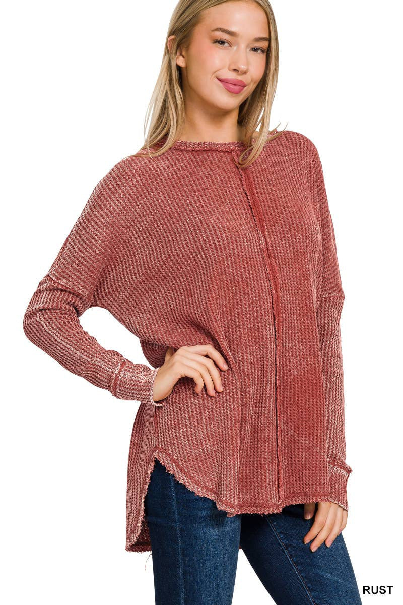 Women's Washed Waffle Back-stitched Long-sleeved Sweatshirt - InsPrint