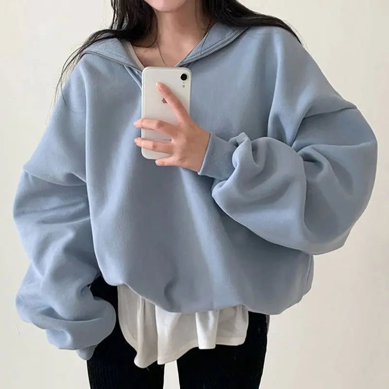 Age-reducing Sailor Collar Loose Leisure All-matching Solid Color Long Sleeve Pullover Hoodie Women CJNS1027238