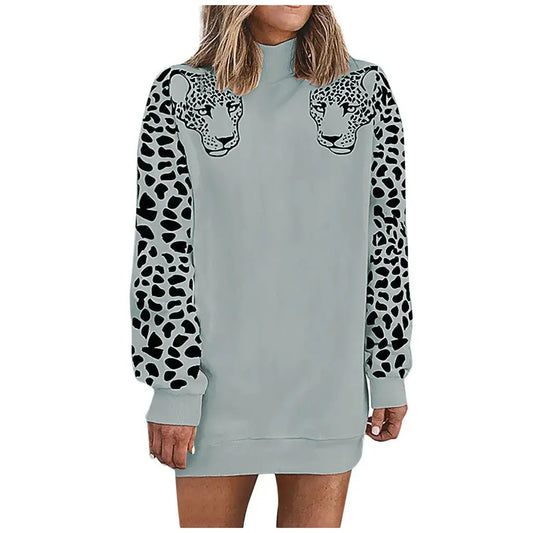 Casual high neck leopard long sleeve ladies sweatshirt top