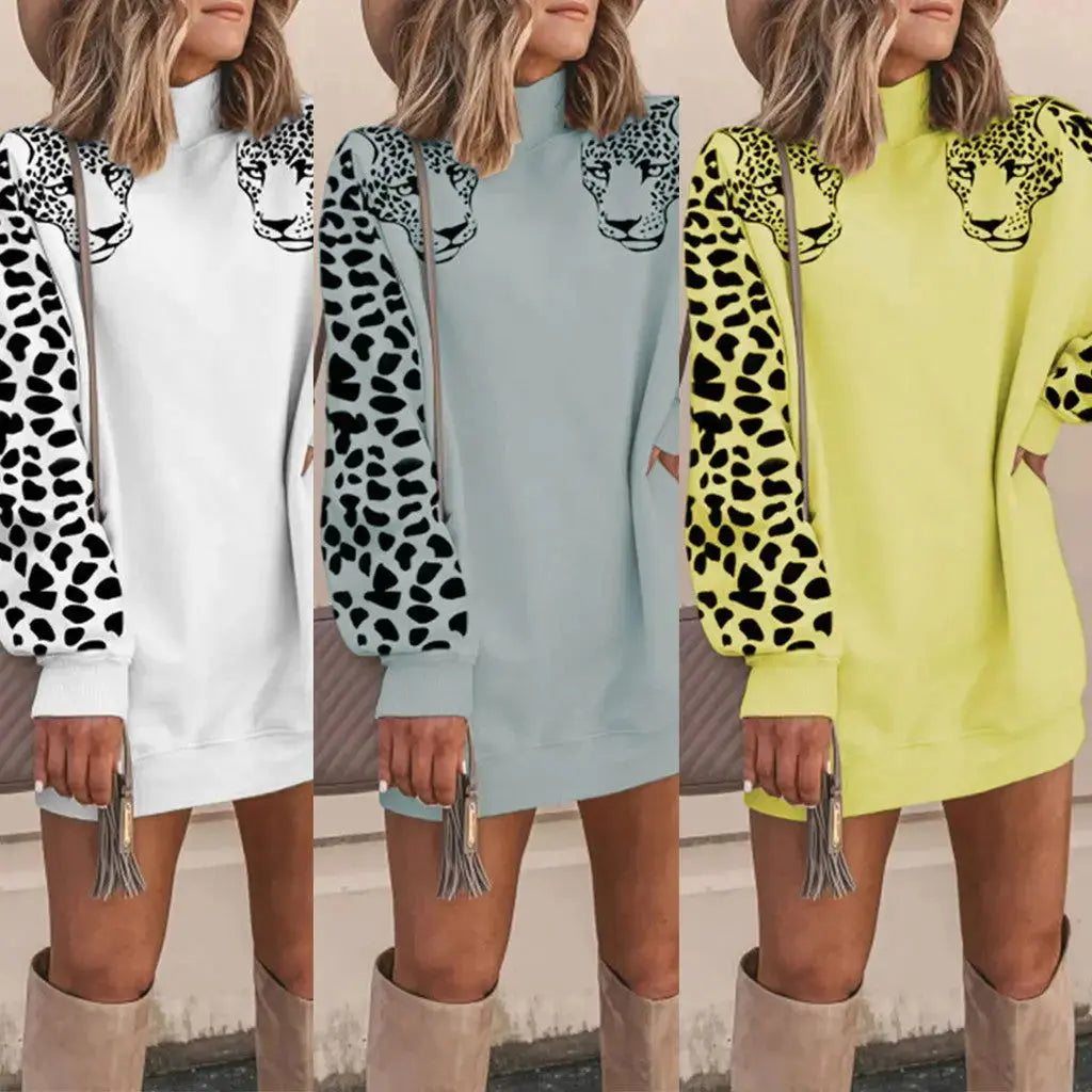 Casual high neck leopard long sleeve ladies sweatshirt top CJNSSYWY02426