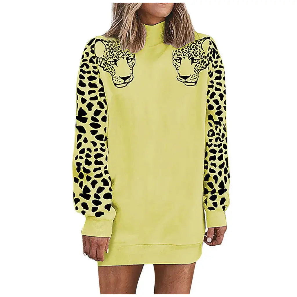 Casual high neck leopard long sleeve ladies sweatshirt top